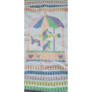 Baby Carousel Horse Pastel Knitted Crocheted Afghan Blanket Blue Pink Purple